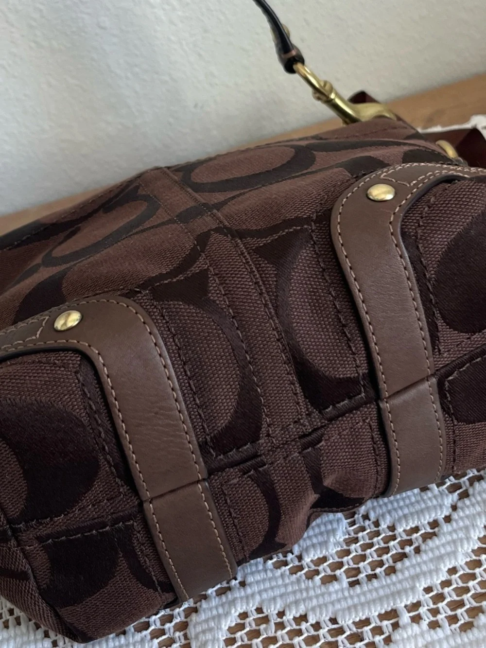 COACH Brown Signature mini hamptons Canvas Shoulder Bag
